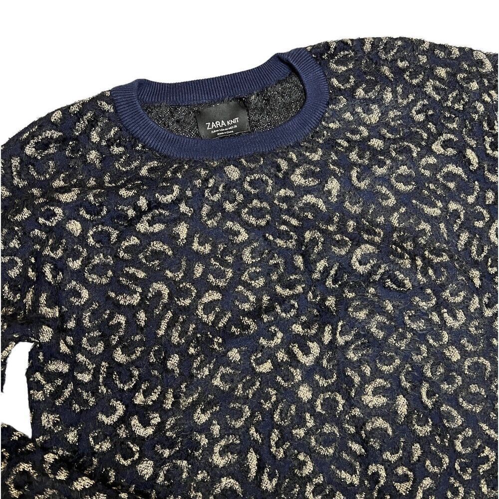 Zara Sweater Womens M Blue Fuzzy‎ Leopard Hi Low Silver Animal Print Party Knit